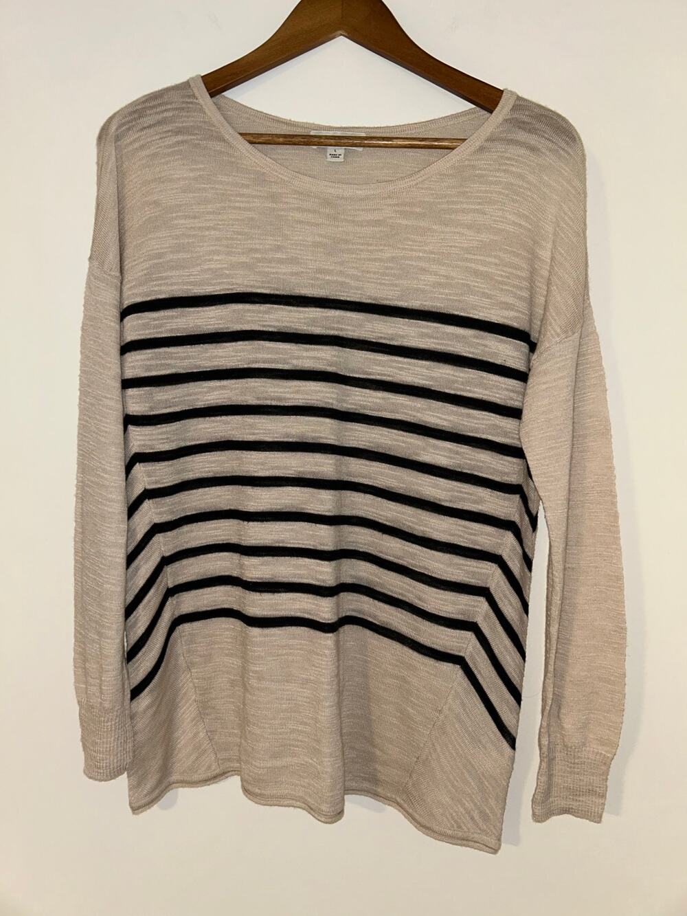 White + Warren L Striped Wool Blend Lightweight Sweater Top Tan Black Burnout